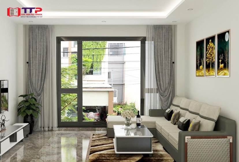 Cửa kính cường lực phòng khách khung nhôm