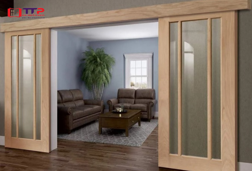 Cửa gỗ kính cường lực 2 cánh lùa