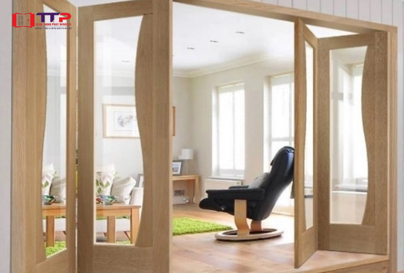 Cửa gỗ kính cường lực 2 cánh xếp gấp