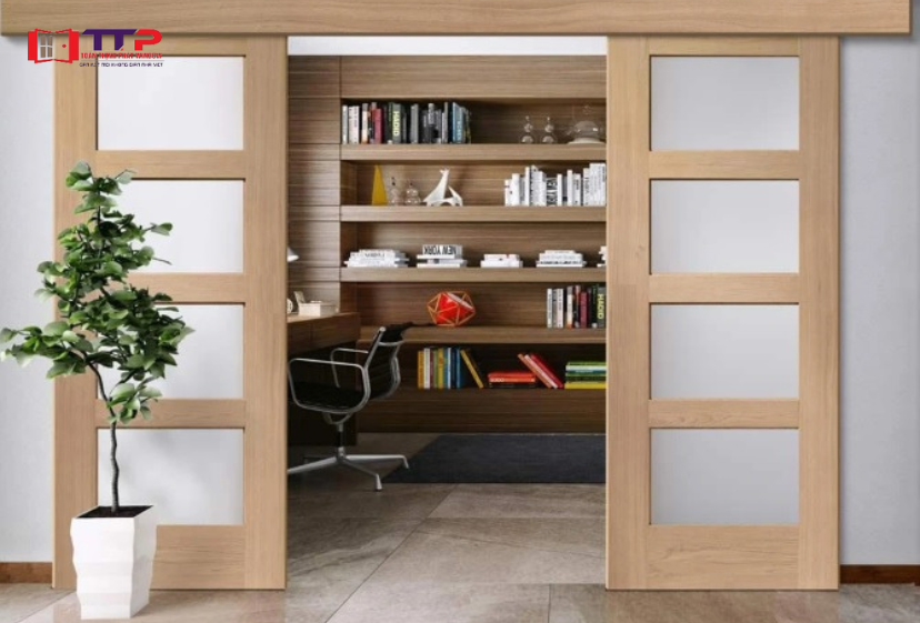 Cửa kính gỗ kính cường lực kéo trượt 2 cánh