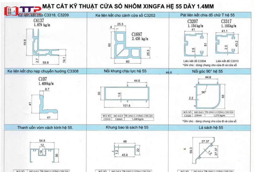 Mặt cắt kỹ thuật cửa nhôm Xingfa hệ 55 dày 1.4mm