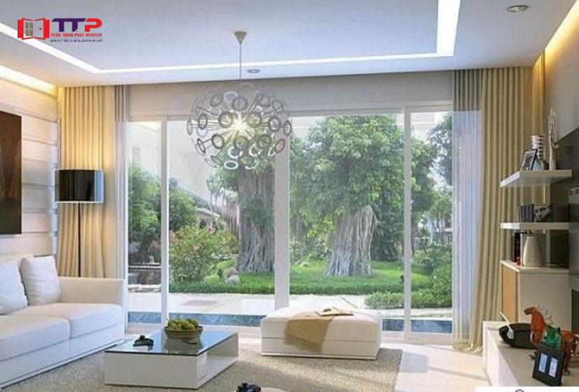 Cửa kính cường lực phòng khách khung trắng hiện đại